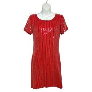 Vintage Red Sequin Beaded Cap Sleeve Mini Shift Dress Holiday Christmas Small